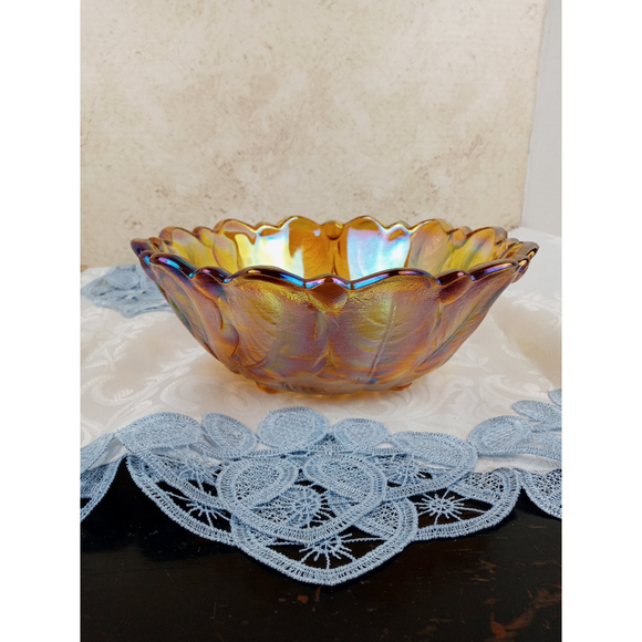 Indiana Glass Flower & Leaf Marigold Carnival Scalloped Footed Serving Bowl 9" - Picture 2 of 12